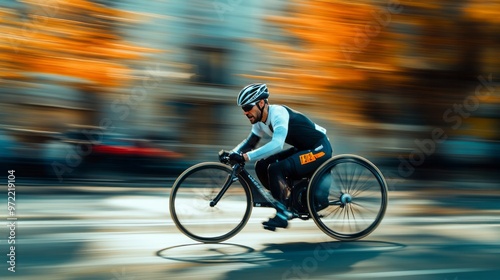 A wheelchair racer propels forward at high speed along a city road, surrounded by vibrant autumn colors and the buzz of urban life, showcasing athleticism and focus