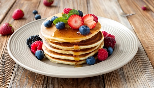 Delicious Stack of Pancakes with Fresh Berries and Maple Syrup