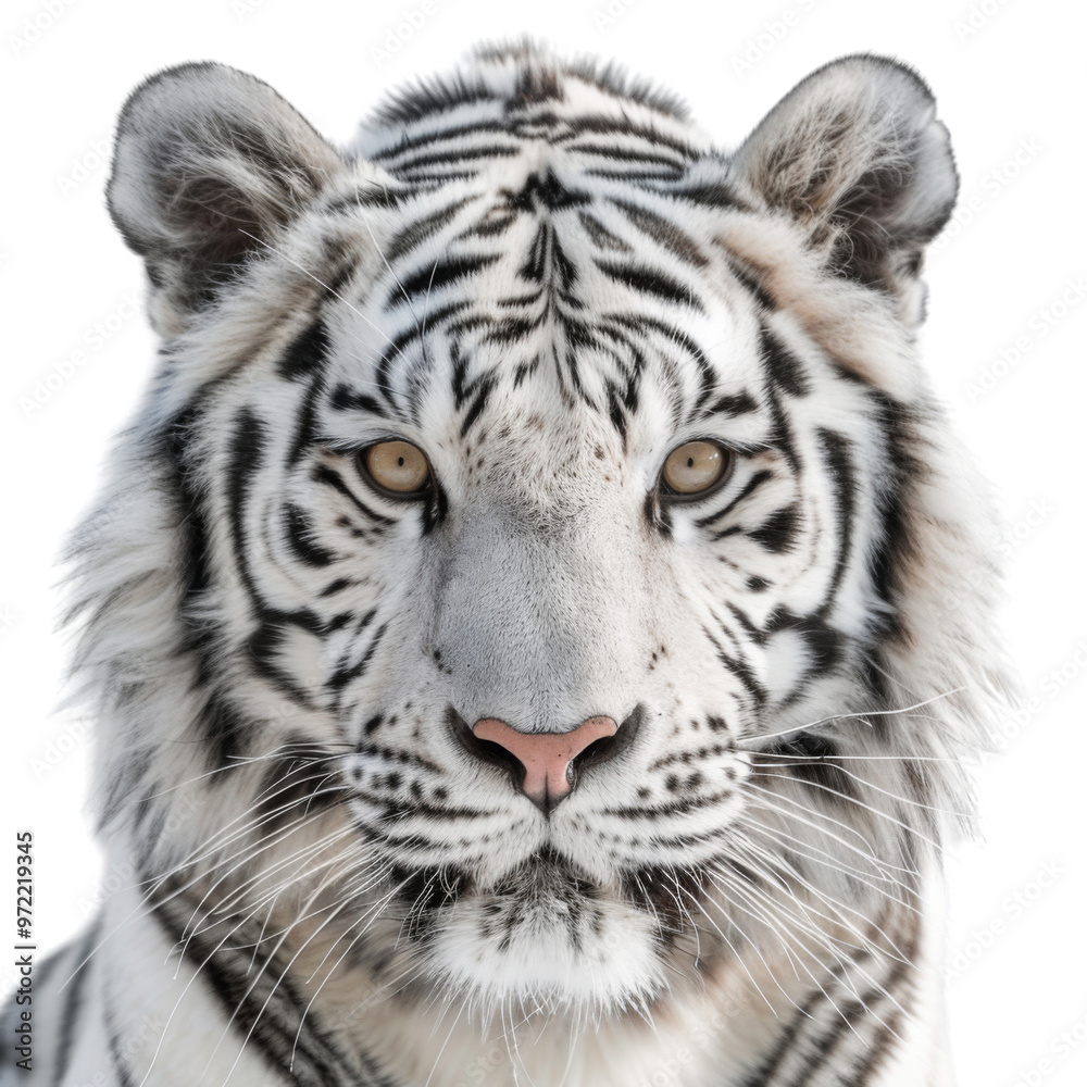 Fototapeta premium Close-up of a majestic white tiger showcasing its striking features and captivating gaze against a clear background.