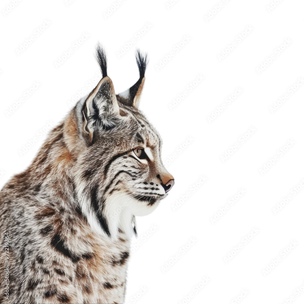 Close-up profile of a beautiful lynx, showcasing its distinctive fur and expressive eyes against a white background. Close-up profile of a beautiful lynx, showcasing its distinctive fur and expressive eyes against a white background.