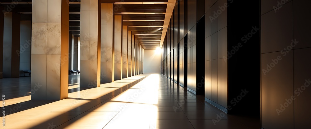 Golden sunlight illuminates a modern corridor with tall columns creating a captivating architectural perspective at dawn Golden sunlight illuminates a modern corridor with tall columns creating a captivating architectural perspective at dawn