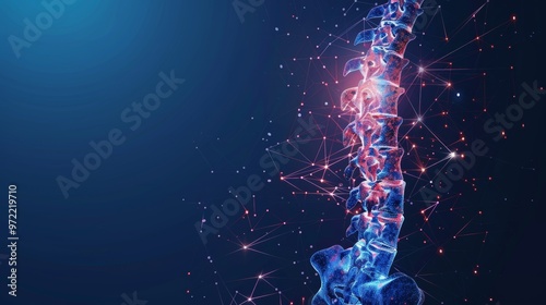 Low poly illustration of human spine, joints, bones, organs, anatomy, surrounded by glowing arrows on a dark blue background.