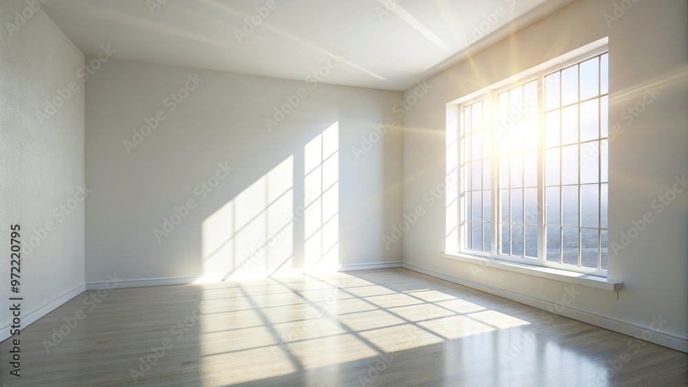 Bright sunlight shining on empty white wall through wide-angle window Bright sunlight shining on empty white wall through wide-angle window