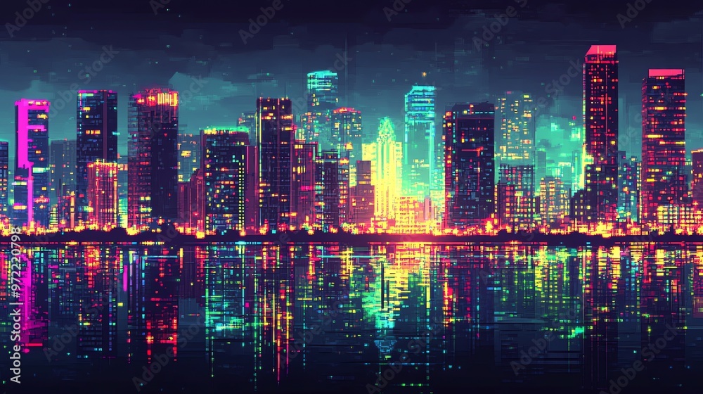 Fototapeta premium Vibrant neon cityscape reflected in still water.