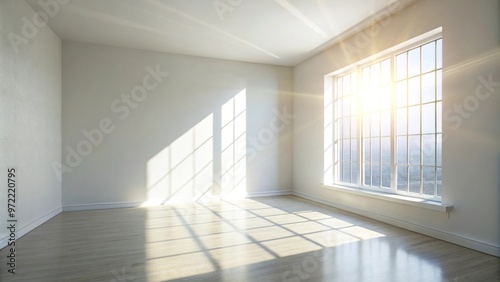 Bright sunlight shining on empty white wall through wide-angle window