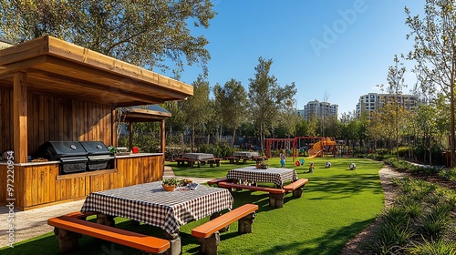 A family-friendly BBQ zone with a grill station, picnic tables with checkered tablecloths, a grassy play area for kids, and games like bocce ball and soccer, all set under a bright blue sky. photo