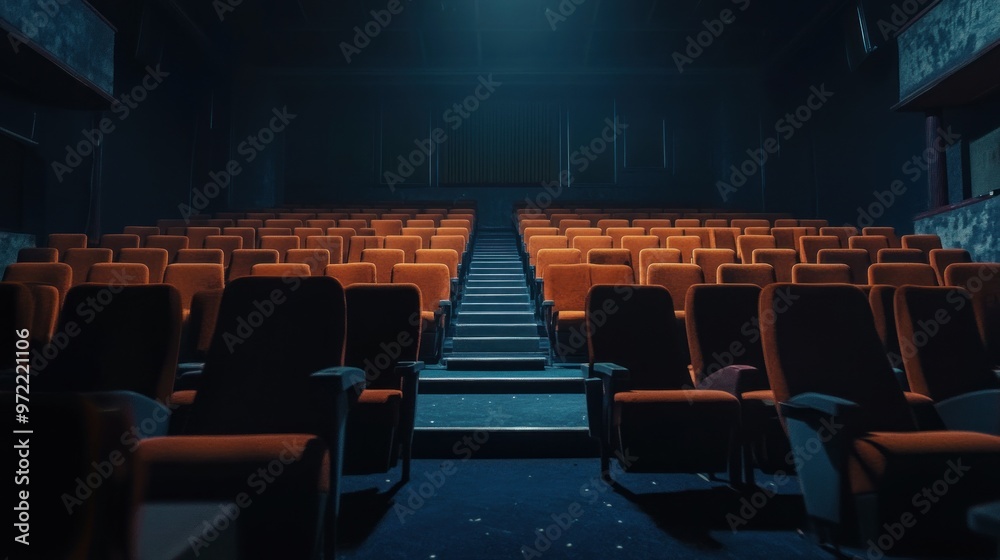 Naklejka premium A dimly lit theater showcasing empty orange seats leading to a stage.