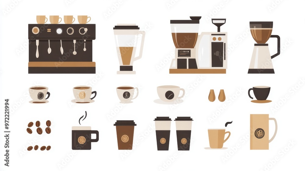 Artistic set of vector coffee machines and coffee drinks isolated on brown background,hand-drawn vector,coffee cups and coffee beans,modern flat design,Fashionable and cute coffee motif concept.