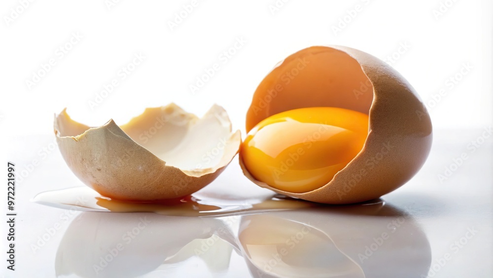 Broken and crushed egg with yolk and egg white on white board in macro minimalistic style Broken and crushed egg with yolk and egg white on white board in macro minimalistic style