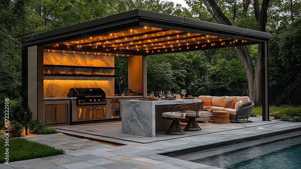A high-end BBQ cabana featuring a spacious grill area, marble countertops, elegant seating under a canopy, and string lights creating a cozy atmosphere, perfect for luxury outdoor dining by the pool. A high-end BBQ cabana featuring a spacious grill area, marble countertops, elegant seating under a canopy, and string lights creating a cozy atmosphere, perfect for luxury outdoor dining by the pool.