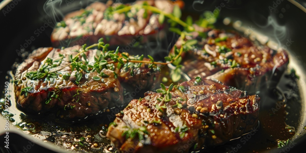 Grilled ribeye steak cooked in a skillet with aromatic herbs and spices. Grilled ribeye steak cooked in a skillet with aromatic herbs and spices.