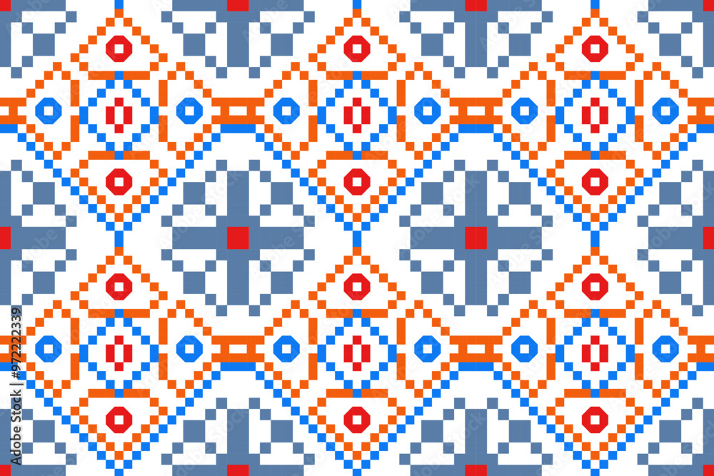 Seamless geometric graphic pattern in pixel art and vector style with single icons, ideal for use in background designs or prints that require continuity