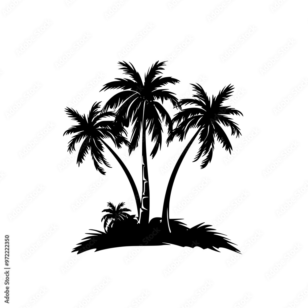 Silhouette of palm trees in black design, Black silhouette of tropical palm trees with detailed leaves and trunks, perfect for nature-themed or beach-related designs.
