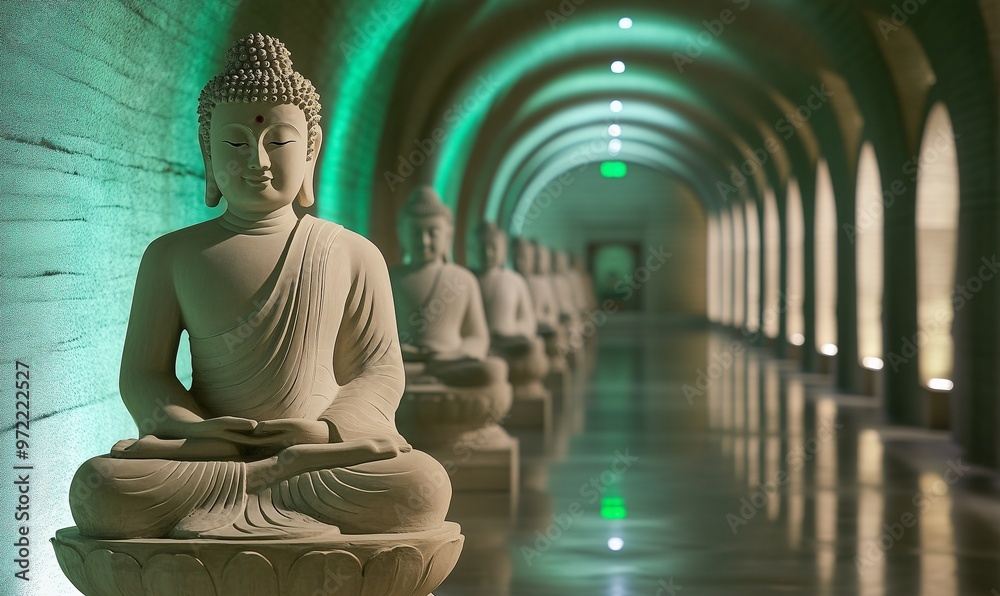 Fototapeta premium Buddha statues, Buddhist elements, the feeling of Dunhuang, a sense of predestination, concept of Buddhism, spiritual balance, mental practices tranquility, Asian tradition culture, space for text