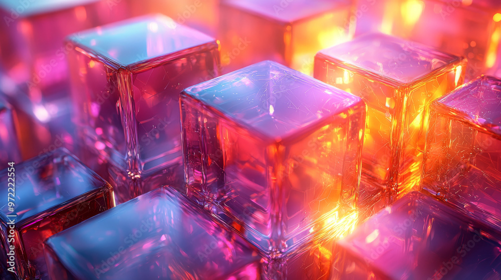 Abstract image of glowing glass cubes in pink and orange tones. Abstract image of glowing glass cubes in pink and orange tones.