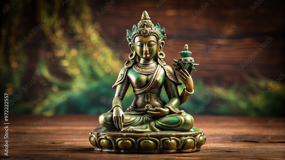 bronze figurine, green Tara, wisdom, medium shot bronze figurine, green Tara, wisdom, medium shot