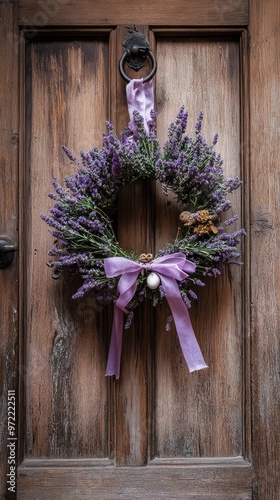 Old Wooden Door with a Vintage Easter Wreath Made of Lavender and Ribbons photo