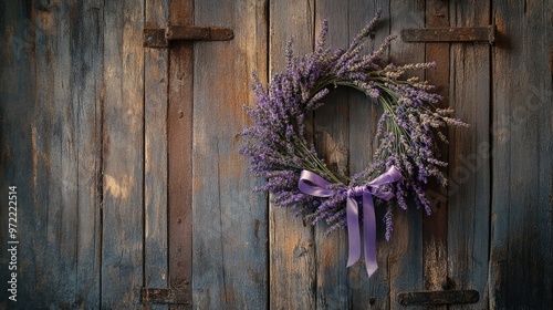 Old Wooden Door with a Vintage Easter Wreath Made of Lavender and Ribbons photo