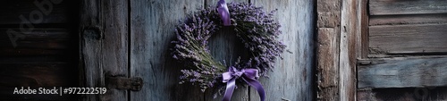 Old Wooden Door with a Vintage Easter Wreath Made of Lavender and Ribbons photo