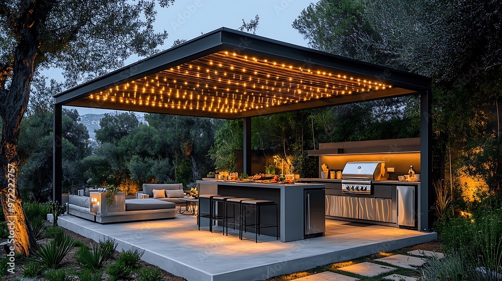A high-end outdoor kitchen with a stainless steel grill, a spacious countertop, a refrigerator, and minimalist seating, A high-end outdoor kitchen with a stainless steel grill, a spacious countertop, a refrigerator, and minimalist seating,