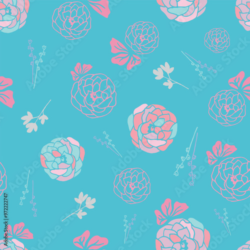 Floral Seamless Pattern, Pink Vintage Roses, Hand-Drawn Illustration with Outlined Organic Shapes, Boho Wallpaper and Surface Endless Design.