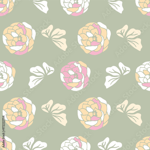 Floral Seamless Pattern, Pink Vintage Roses, Hand-Drawn Illustration with Outlined Organic Shapes, Boho Wallpaper and Surface Endless Design.