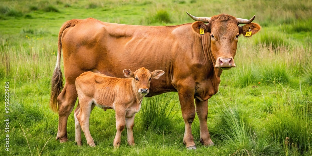 Brown cow and calf suckling in meadow high angle view Brown cow and calf suckling in meadow high angle view