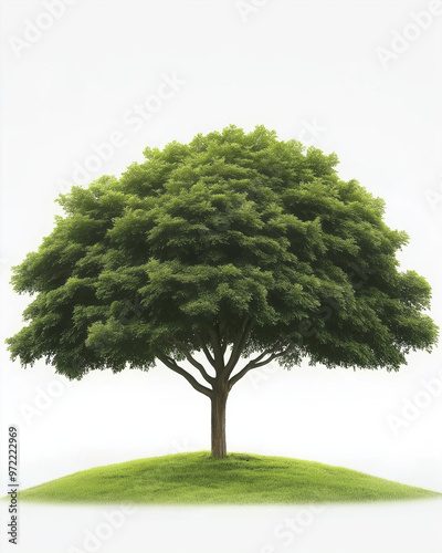A majestic green tree with an expansive canopy, capturing the essence of nature's growth and the peacefulness of a serene outdoor setting. photo