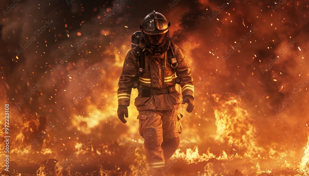Fototapeta premium Firefighter in Full Gear Bravely Walking Through Intense Flames and Sparks, Heroic Action, Dramatic Scene