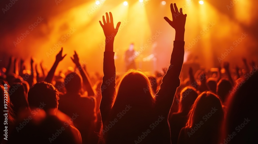 A crowd enjoying a live music performance with hands raised in excitement. A crowd enjoying a live music performance with hands raised in excitement.