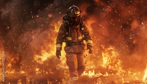 Firefighter in Full Gear Bravely Walking Through Intense Flames and Sparks, Heroic Action, Dramatic Scene