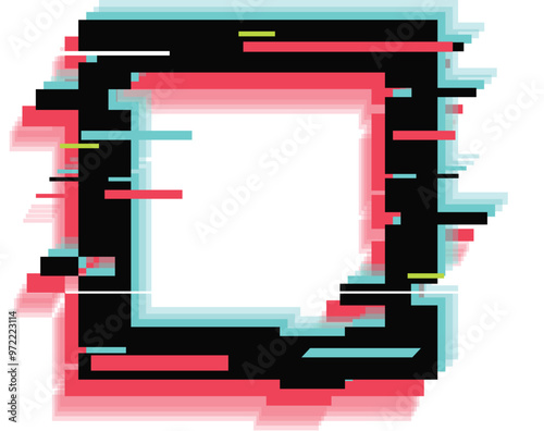 Abstract geometric background with distorted square frame featuring glitch effect in red, green, blue and black colors