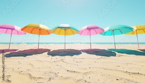 Vibrant Beach Umbrellas Casting Colorful Shadows on Golden Sand Under Clear Blue Sky, Summer Scene, Bright and Cheerful