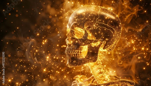 Shimmering Golden Skeleton Illuminated from Within, Sparkling Particles, Mysterious and Otherworldly Visual Effect