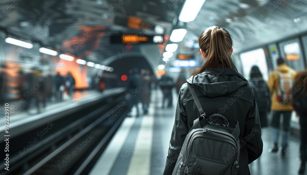 Subway Station Hustle with Woman in Foreground, Urban Public Transit Concept, Busy and Dynamic Scene, Movement and Energy Subway Station Hustle with Woman in Foreground, Urban Public Transit Concept, Busy and Dynamic Scene, Movement and Energy