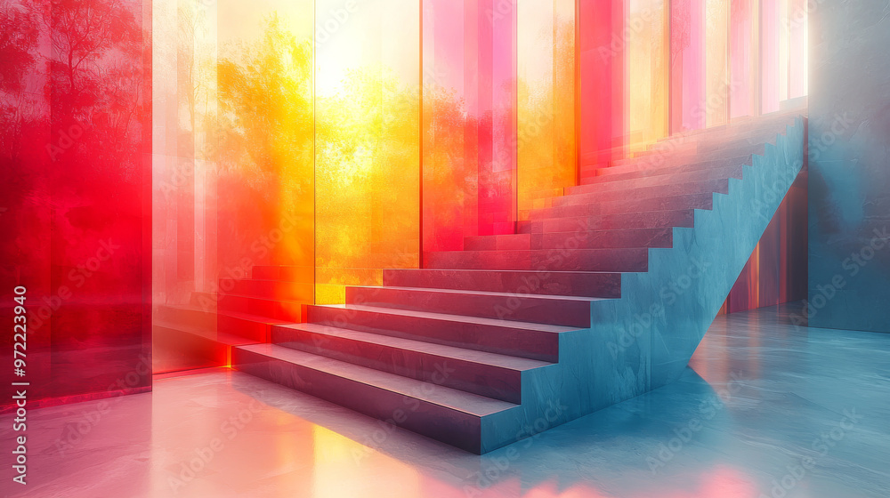 A modern staircase with colorful glass walls. A modern staircase with colorful glass walls.
