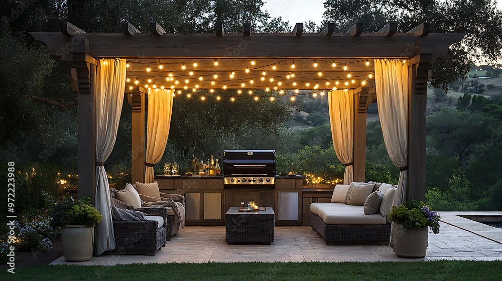 Fototapeta premium A luxurious pergola BBQ patio with string lights hanging from wooden beams, flowing curtains, and a modern grill, creating a cozy outdoor retreat with comfortable seating as the sun sets.