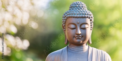 Peaceful Buddha statue in a lush bamboo forests and soft sunlight, concept of Buddhism, spiritual balance, mental practices tranquility, Asian tradition culture, space for text photo