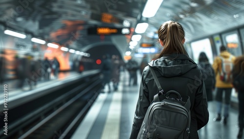 Subway Station Hustle with Woman in Foreground, Urban Public Transit Concept, Busy and Dynamic Scene, Movement and Energy