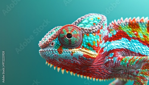 Chameleon with Vibrant Colors on Skin Against Turquoise Background, Looking Directly at Camera, Close-Up View