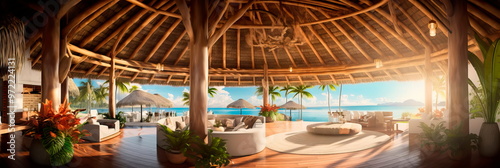 Tropical resort lobby with a thatched roof, wooden beams, and views of the ocean.