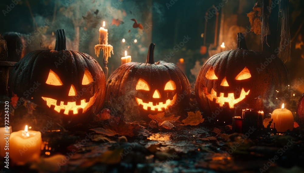Halloween Pumpkins with Carved Faces and Lit Candles in a Dark Spooky Scene Halloween Pumpkins with Carved Faces and Lit Candles in a Dark Spooky Scene