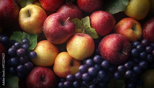 Apples, Pears, and Grapes Filling a Wooden Basket Creating a Cozy Autumn Still Life