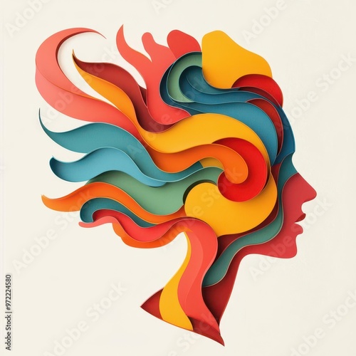 Human head filled with colorful swirling ideas, symbols of business and technology, idea generation, creative thinking