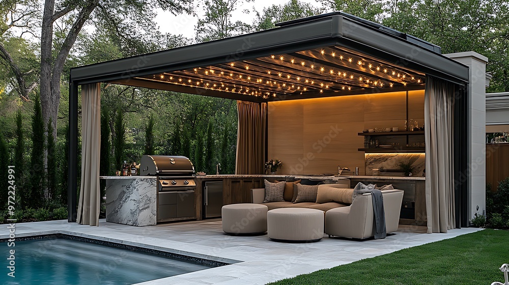 Fototapeta premium A luxury BBQ cabana featuring a stylish outdoor kitchen with a grill and refrigerator, marble countertops, plush seating, and a canopy adorned with fairy lights,
