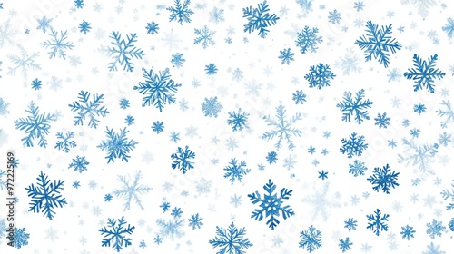 A pattern of blue snowflakes scattered on a white background, evoking winter themes.