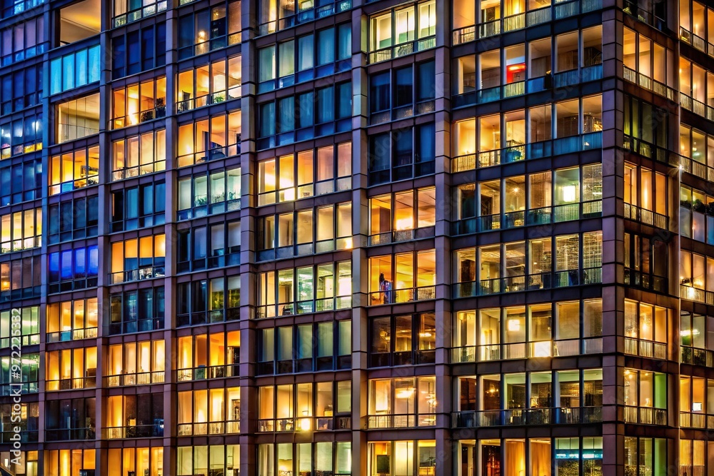 Building with illuminated windows at night, extreme close-up Building with illuminated windows at night, extreme close-up