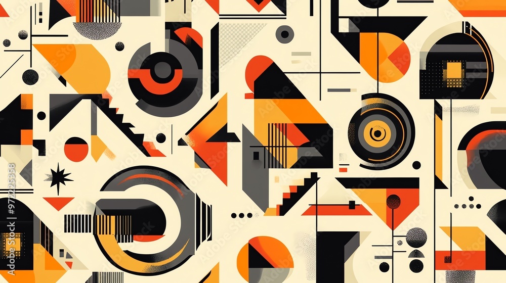 Obraz premium Abstract geometric pattern with overlapping shapes in orange, black, and white.