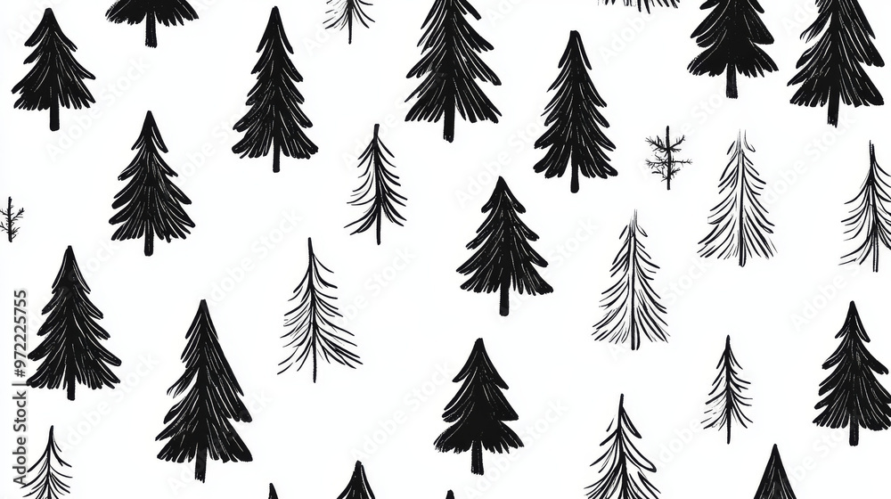 Fototapeta premium A simple, black and white pattern with tree shapes, perfect for holiday wrapping paper, decorations, and cards.