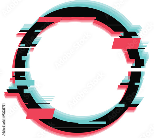 Round frame is glitching with turquoise and red digital noise on a white background